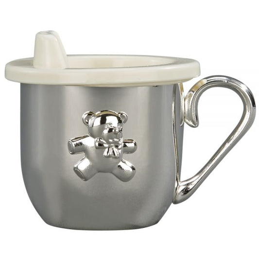 SILVER PLATED  TEDDY BEAR BABY CUP WITH CUP & SIPPY LID INSERT